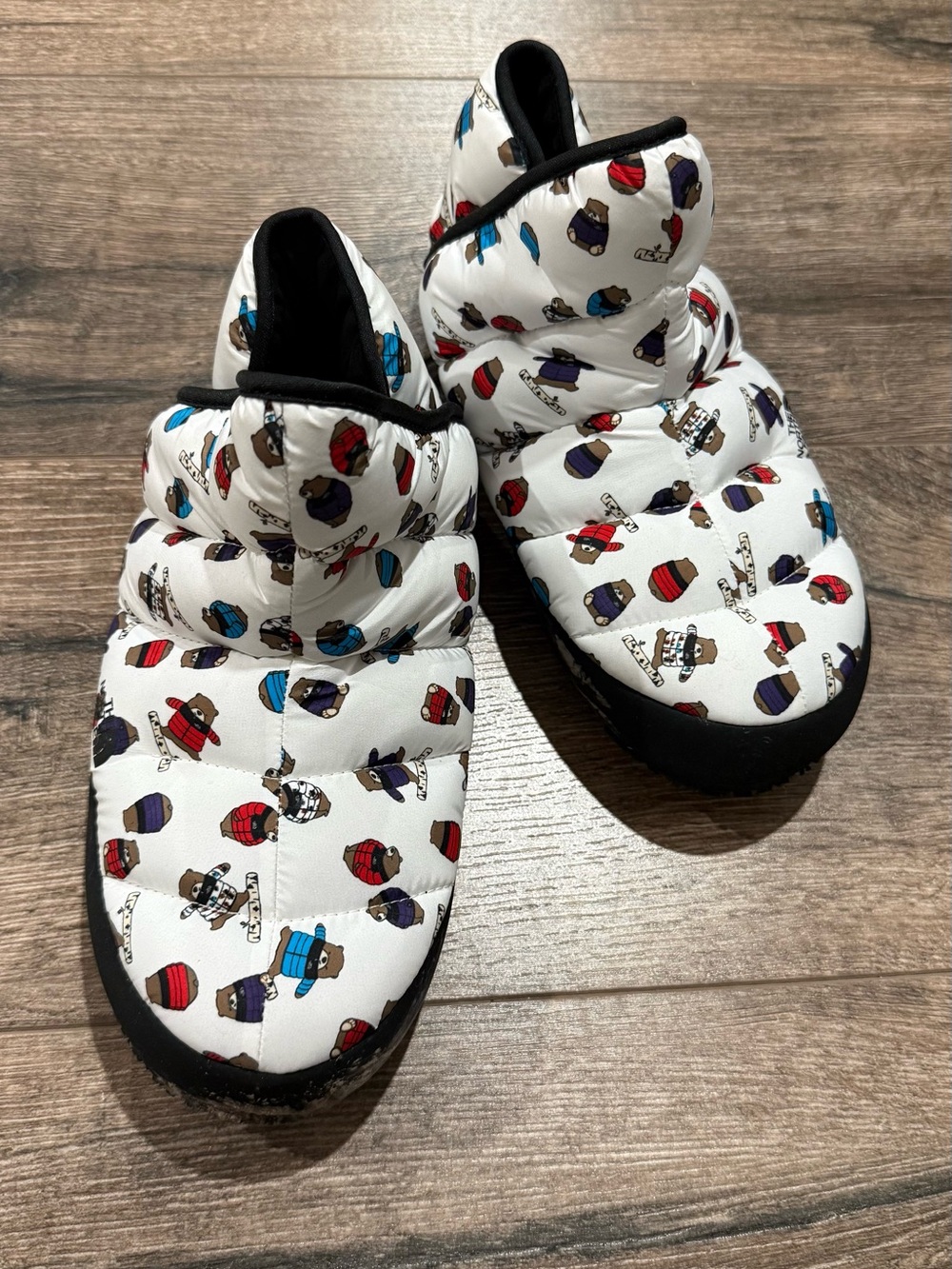 The North Face White Puffer Slip-On Kids Shoes with Multicolor Teddy Print